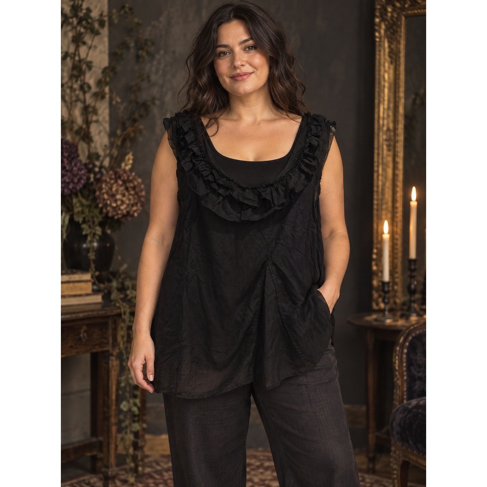 Lilith Ruffled Cotton Sleeveless Tunic Black Lagenlook Approx L